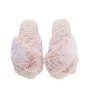 Lemon Faux Fur Slipper Slides Pink/White  Sz 9/10
